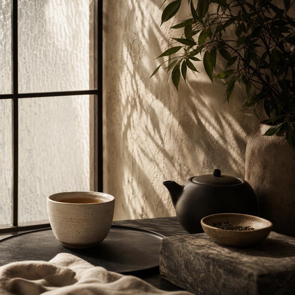 Editorial wellness ambience image with tea and warm natural light
