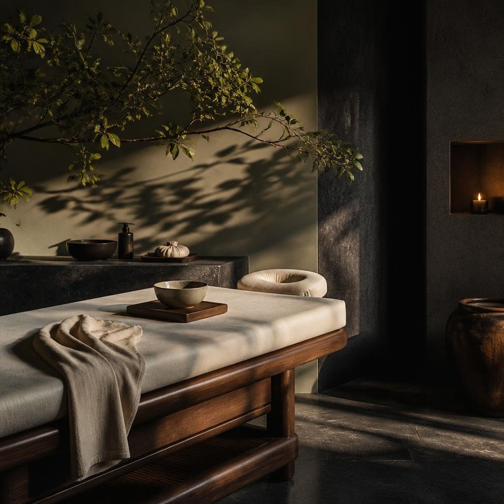 Editorial wellness mood image of a sunlit treatment room
