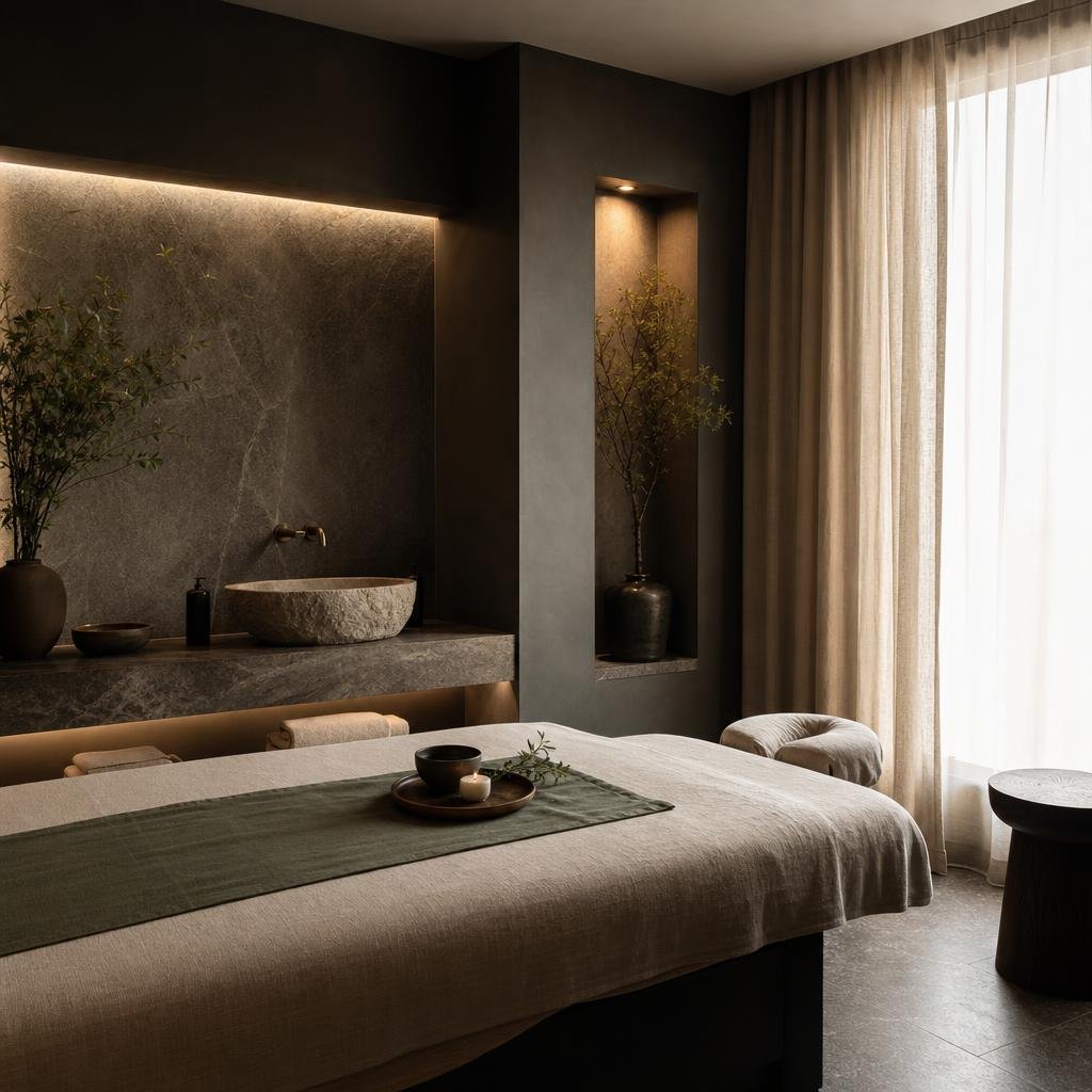 Editorial wellness image of a quiet treatment setting with warm linen
